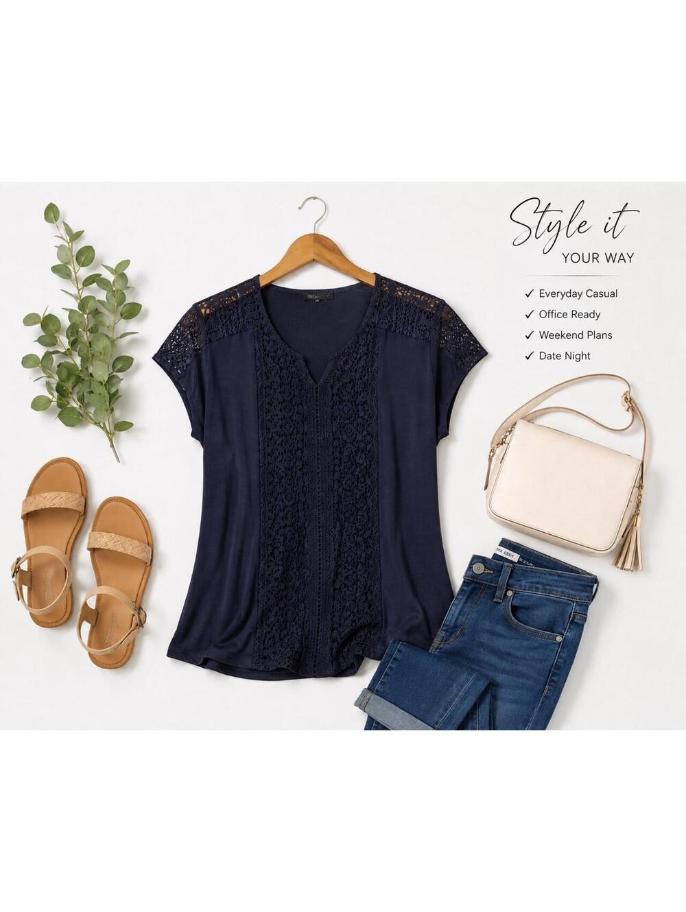 89th & Madison Navy Lace Front Top – Women’s Large – NWT